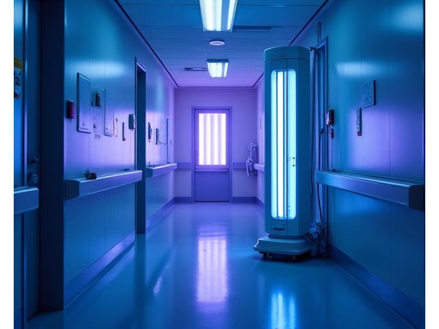 의료용 UV-C 살균등이 병실을 살균하는 모습