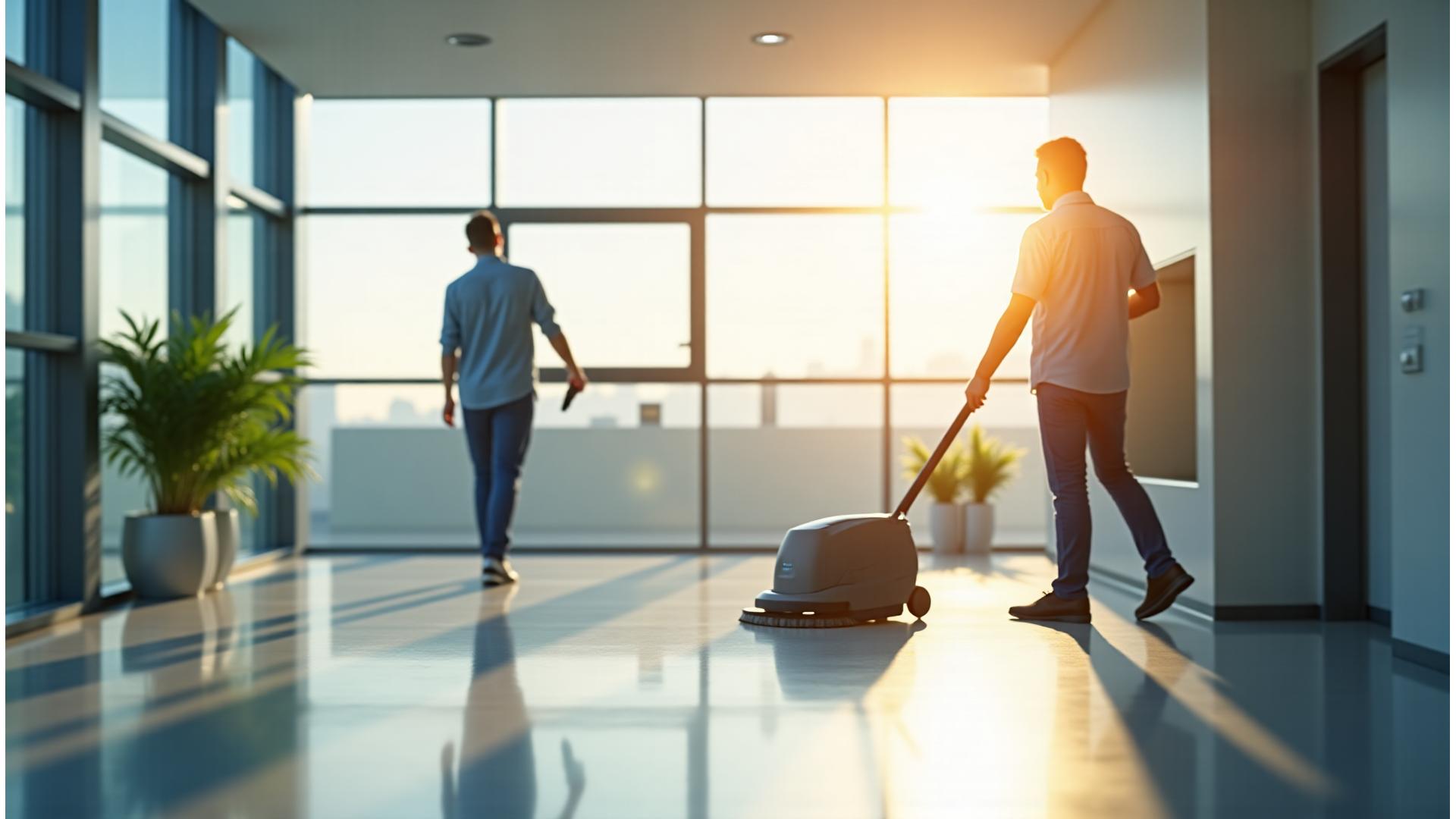 밝고 깨끗한 현대식 사무실 공간에서 청소 전문가가 열심히 청소하는 모습