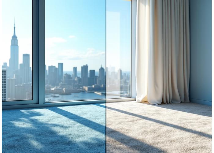 고층 빌딩 유리창 닦는 전문가와 깨끗한 카펫 청소