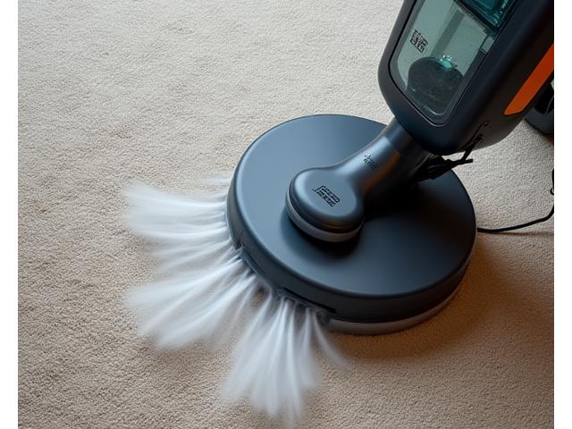 강력한 스팀 청소 장비로 카페트를 딥클리닝하는 모습, 거품과 함께 찌든 때가 빠져나오고 있다