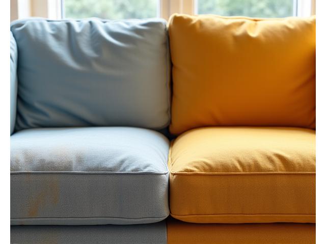 낡고 얼룩진 소파가 전문 청소를 통해 새것처럼 깨끗하게 복원된 모습